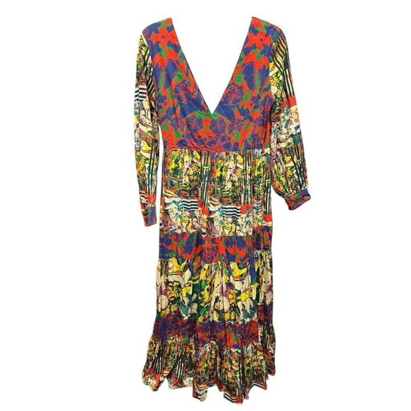 Anthropologie Roopa Pemmaraju Maxi Dress Medium Boho Floral Patchwork V neck - Picture 3 of 13